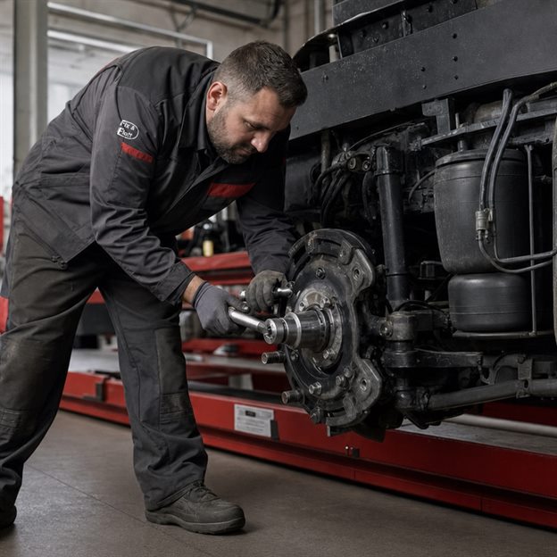 Mechaniker arbeitet an der Achse eines Nutzfahrzeugs