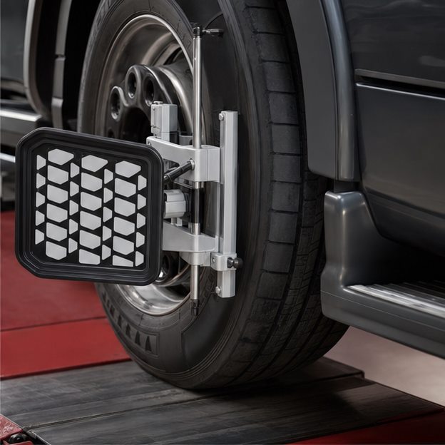 Messsensor an einem Rad bei der Achsvermessung