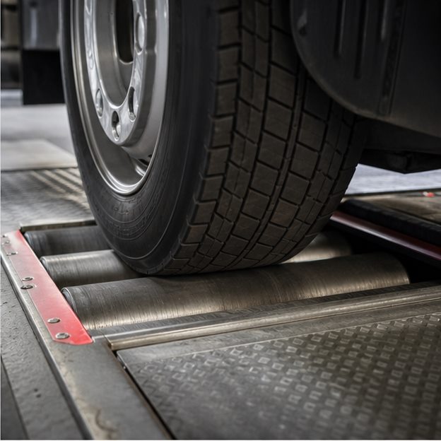 Detailaufnahme zur Bremsenprüfstand bei Fix & Flott Lkw-Rad auf dem Rollen-Bremsenprüfstand
