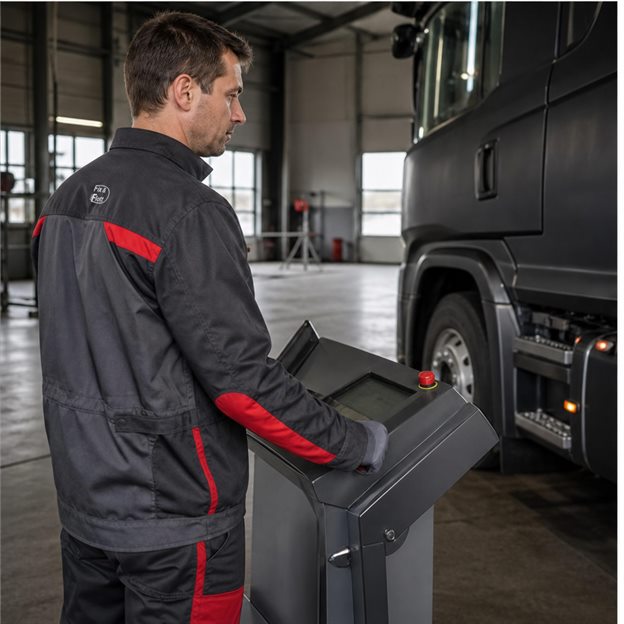 Bremsenprüfstand bei Fix & Flott Mechaniker bedient den Bremsenprüfstand für einen Lkw