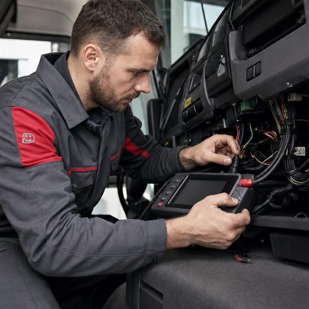 Mechaniker prüft die Verkabelung eines Fahrtenschreibers