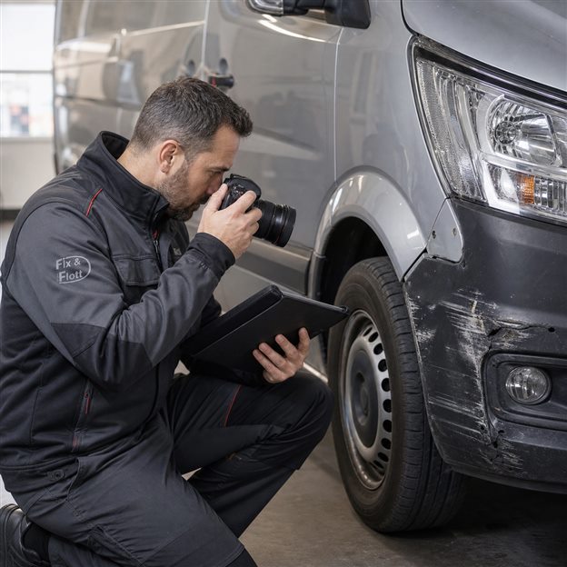 Kfz-Gutachter dokumentiert einen Schaden an einem Transporter