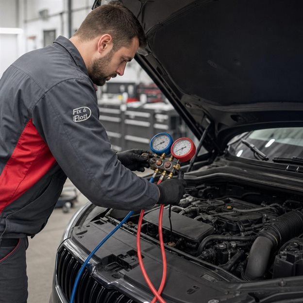 Klimaanlagenwartung bei Fix & Flott Mechaniker wartet die Klimaanlage eines Fahrzeugs