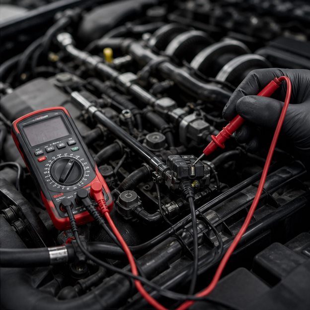 Messleitungen und Prüfgerät bei der Motordiagnose