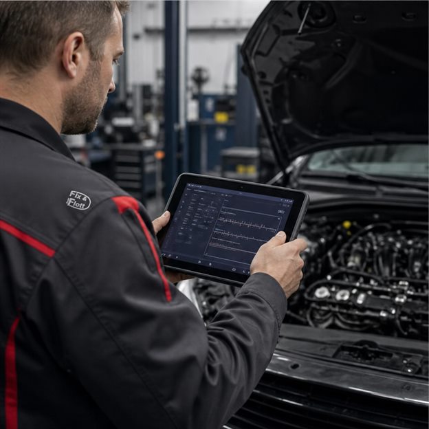 Mechaniker führt eine elektronische Motordiagnose durch