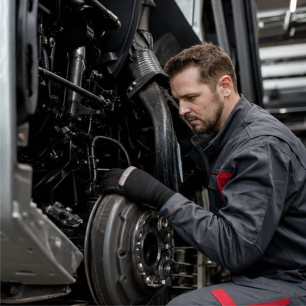 Detailaufnahme bei der Sicherheitsprüfung eines Lkw