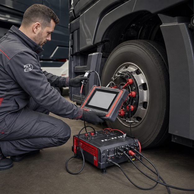 Mechaniker kalibriert den Tachografen eines Lkw